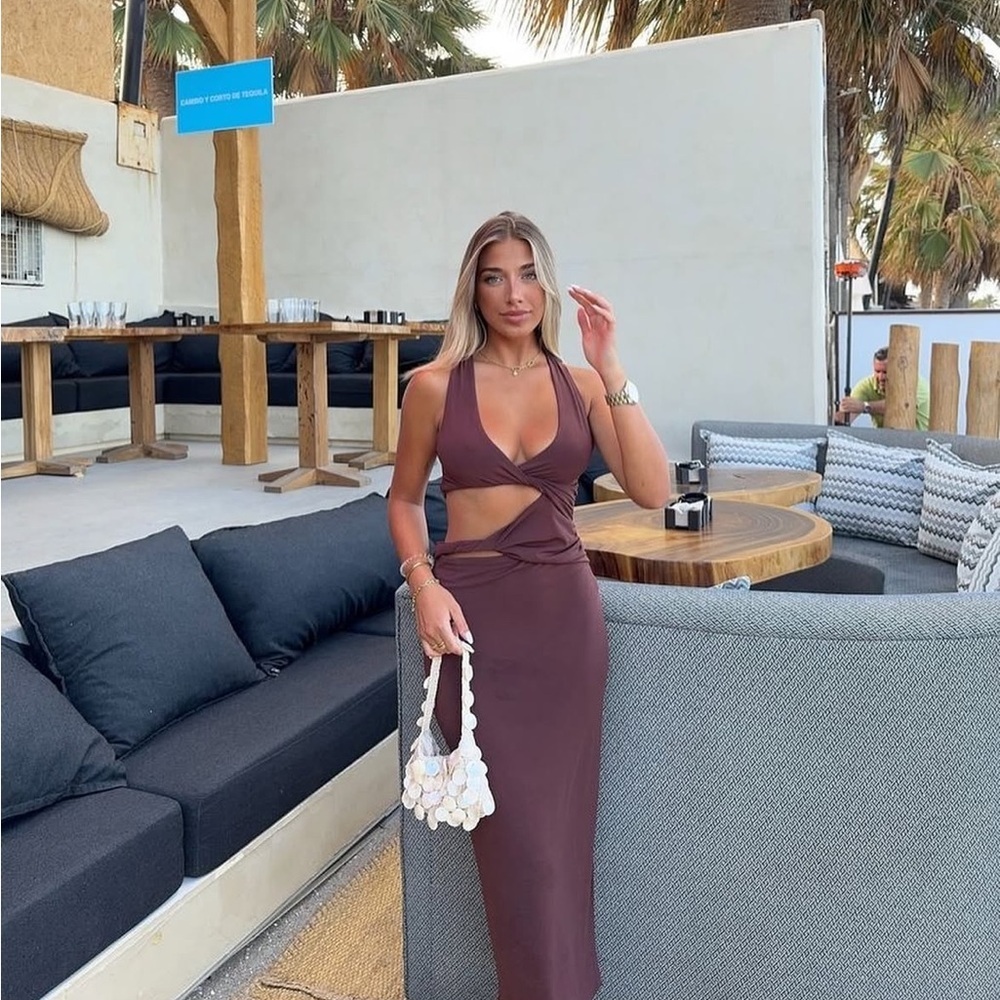Zara dress fitted bodycon Brown Cutout Midi Party Wedding Coctail